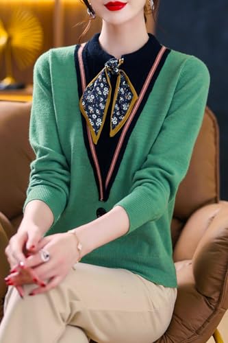 Image of LAI MENG FIVE CATS Women's Fall Tie Neck Sweater Shirt Long Sleeve Patchwork Knit Retro Pullover Tops