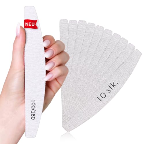Lynis-Nailshop.de - Lima de uñas (10 unidades, 100/180, 100/180, 2 granos, curvada, para uñas de gel, lado redondeado para un mejor manejo)