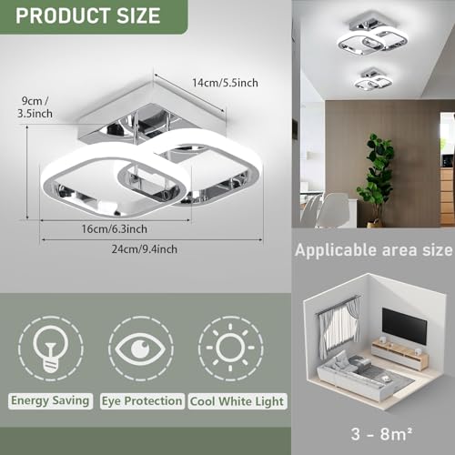 Image of EIDISUNY LED Ceiling Light Modern Ceiling Light Silver Square Simple Ceiling Fixture LED for Corridor Kitchen Stairs Hallway Study Room Bedroom Living Room - Chrome 22W (Cold White Light 6000K)