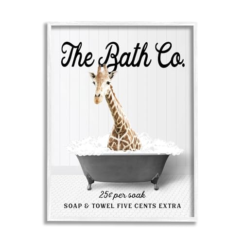 Image of 'Giraffe Vintage Bubble Bath'| Framed Giclee Art | Stupell Industries | White, 24 x 30 Inches, Easy to Hang and Sturdy, Made in USA, by Lettered and Lined