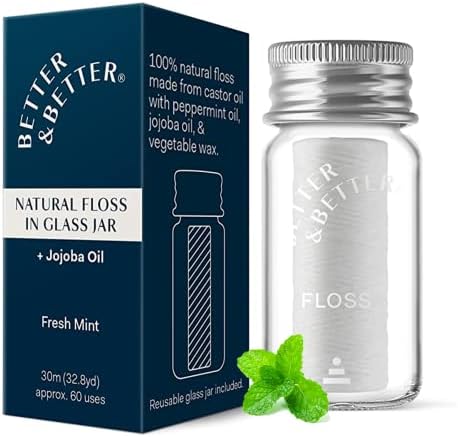 Better & Better Natural Floss | Vegan, 100% Plant-Based Waxed Dental Floss in Refillable Glass Jar | Natural Dental Floss w/ Jojoba & Peppermint Oil | Moisturizing & Soothing Eco Friendly Dental Floss
