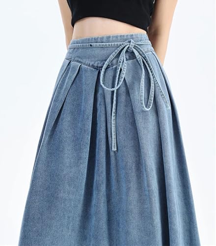 Womens High Elastic Waist Long Denim Skirt with Lace-Up Jeans Skirts Comfortable Daily Wear3