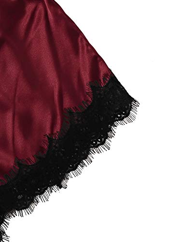Lyaner Women's Lace Cami Top And Shorts Satin Silk Lingerie Set With Robe Pajamas Sleepwear Burgundy Large #TOP2