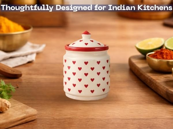 Image of Classyo Ceramic Storage Containers - 700 ml, Salt Container, Pickle Jar with lid, Ceramic Jars for Kitchen Storage for Achar and Namak (Set of 1, Heart Design)