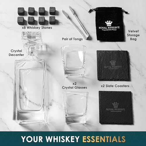 Whiskey Decanter Set by Royal Reserve – Artisan Crafted Whisky Decanter 34 oz 1000 ml - Glasses, Chilling Stones, Coasters and Tongs – Whiskey Decanter Gift Set for Men, Husband, Dad, Friend