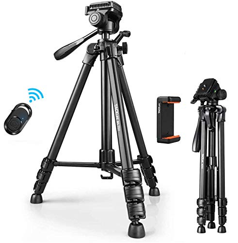 TACKLIFE Tripod, 60-Inch Aluminum Camera/Phone/Travel Tripod, Max Load of 11 Lbs, 360 Degree Swivel with Wireless Bluetooth Remote, Universal Phone Mount, 1/4 Inch Screw Mount, Portable Bag - MLT02