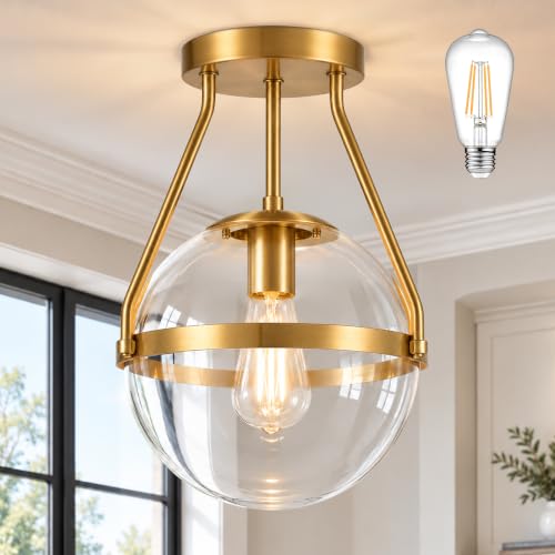 Bagood 10" Semi Flush Mount Ceiling Light with Clear Glass Shade Mid Century Ceiling Light Modern Gold Globe Semi Flush Mount Ceiling Light Fixture for Bedroom Hallway Bathroom Foyer (Bulb Incl.)