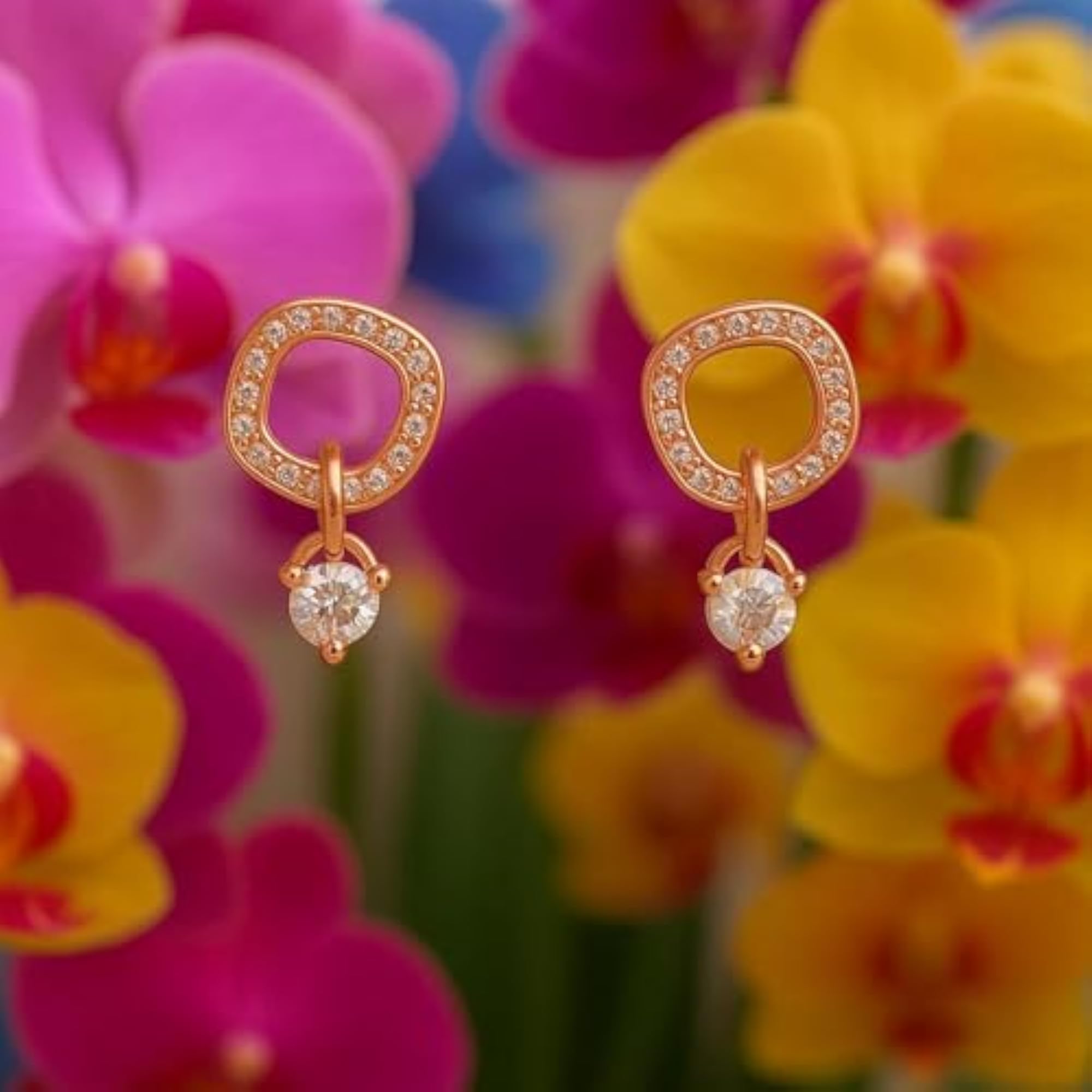 Women's Round Rose Glow Orchid Charm Earrings, Elegant Floral Design