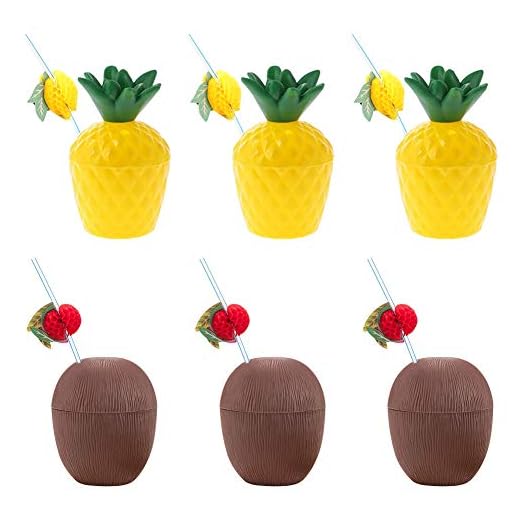 Feelava Hawaiian Luau Vasos de plástico,6 vasos de plástico para bebidas de coco y piña con 6 pajitas de frutas,tazas hawaianas de prevención de fugas y pajitas flexibles para