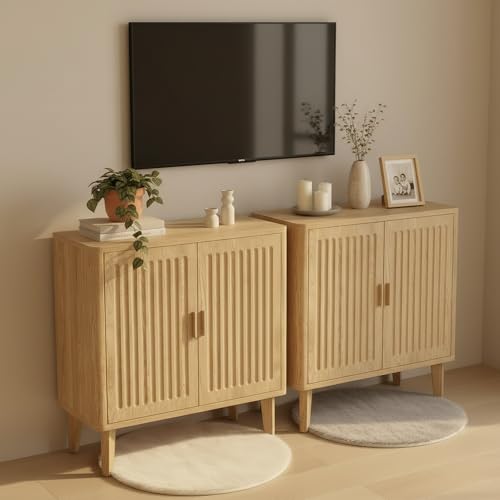 Image of 30 inch Mid Century Modern Fluted Storage Cabinet, 12 inch Depth Sideboard with Adjustable Shelves, Accent Cabinet with 2 Doors for Dining Room, Entryway, Living Room, Oak, 2 Pack