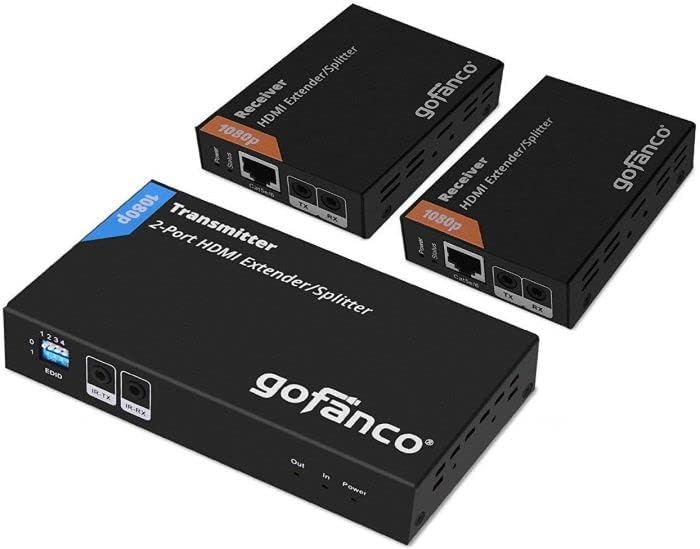 gofanco Prophecy 1x2 HDMI Extender Splitter Full HD 1080p Over Cat5e/Cat6/Cat7 Ethernet Cable with HDMI Loopout - Up to 50m/165ft - EDID Management, Bi-Directional IR Remote Control (1 in 2 Out)…