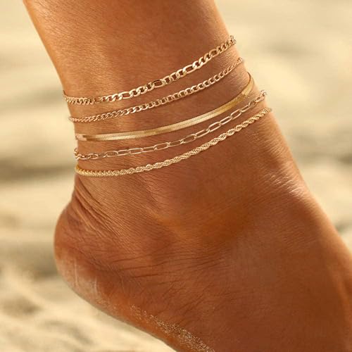 Image of Ritach Ankle Bracelets for Women - Silver /Gold Plated Stainless Steel Anklets for Women Waterproof Layered Cuban Link Figaro Chain Heart Anklets Set Summer Beach Jewelry Gifts