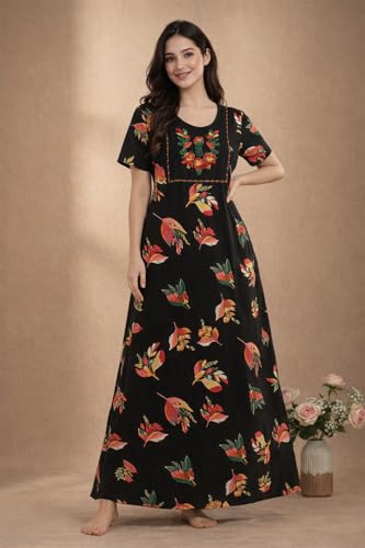 Image of Bahumaan Pure Cotton Nighty for Woman | Floral Gown for Women Nightwear with Pocket | Cotton Nighty for Women Stylish | Perfect for Daily Comfort | Maxi Women
