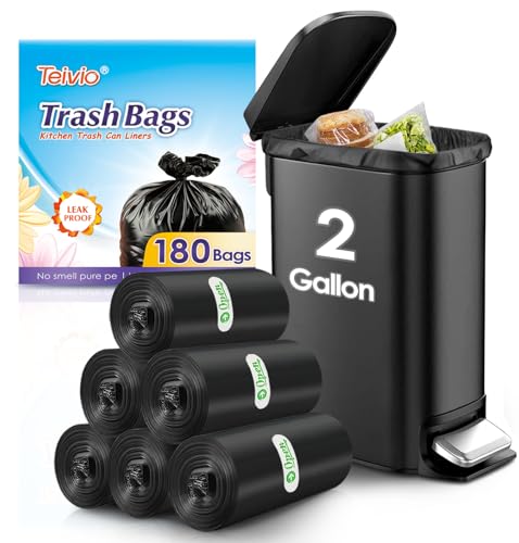 2 Gallon 180 Counts Small Strong Black Trash Bags Garbage Bags by Teivio,Small Waste Basket Liner, Bathroom Trash Can Bin Liners, Plastic Bags for home office kitchen,Black