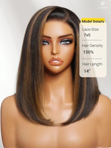 Image of Sunber Caramel Highlight Yaki Straight Bob Drawstring Wig Human Hair Side Part No Slip Glueless 7x5 Bye Bye Knots Wig Pre Cut Lace /Plucked /Bleached Knots Ready to Go Ombre Bob Wig 150 Density 12inch