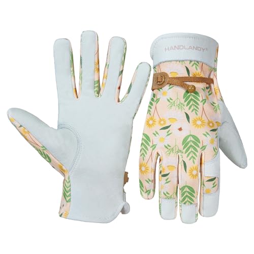HANDLANDY Gardening Gloves for Women, Breathable Ladies Leather Garden Yard Gloves Best Gift for Gardeners Small (Pack of 1) White-printing