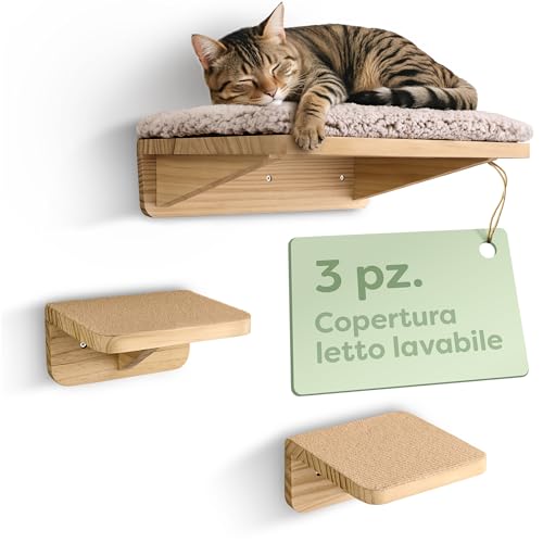 Knupis Mensole da Parete per Gatti con Letto & 2x Scale – Legno di Pino Massiccio FSC®, Amaca da Parete Robusta fino a 30 kg – per Gioco & Comfort - Beige