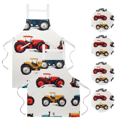 Lot de 2 tabliers de cuisine vintage à motif tracteur agricole avec poches