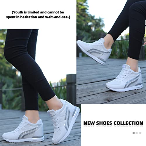 Sosenfer Hidden Heel Wedge Sneakers For Women Non-Slip Lace Up Walking Shoes Comfort Fashion Sneakers Ladies Platform Wedge Sneakers Breathable White 6 #TOP4