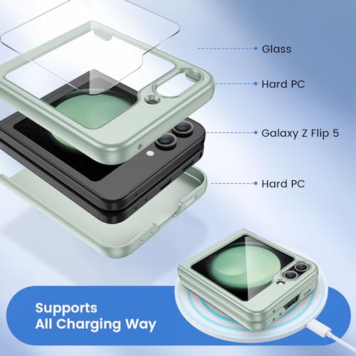 Image of Ruky for Z Flip 5 Case, with Built-in Screen Protector, Mint Green | Support Wireless Charging Hard PC Ultra-Thin Full Body Protective Phone Case for Samsung Galaxy Z Flip 5, Mint Green