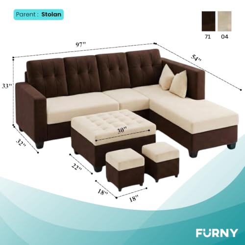 Image of FURNY Nathan 8 Seater L Shape Sofa Set RHS (Dark Brown-Cream) | Suede Velvet Finish | Durable Comfort Sofa for Modern Living Room & Office Spaces