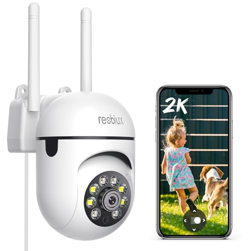 Reobiux Camara de Seguridad Exterior/Interior, 2K HD WiFi Cámara de Seguridad con Vision Nocturna, Panorama de 360°, Audio Bidireccional, Grabación 24/7 (1PCS)
