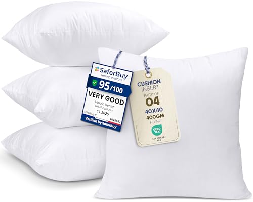 Utopia Bedding Cushion Inserts 40cm x 40cm (16x16 inch) Pack of 4 Hollowfibre Inner Pads for Sofa or Bed – White Cushions Fillers