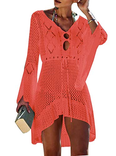 Wander Agio Beach Tops Sexy Floral Cover Dresses Bikini Cover-ups Net Hollow Out Orange