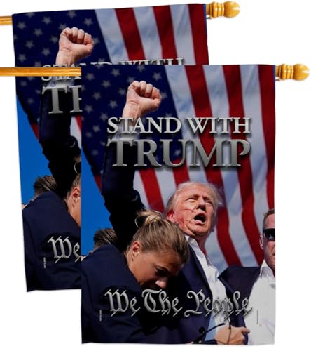 Stand With Trump Shooting Flag House 2 Pcs Pack Wall Decor Home Patio Rally Survivor 2024 President 47 MAGA Yard Sign We the People Poster Outdoor Patriotic Decorations Republican Gift Made In USA
