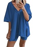 LTSCNRM Tenue 2 pièces pour femme réversible surdimensionnée avec t-shirt et short de motard, Kleinblue, Large