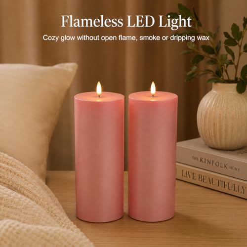 Image of Pink Outdoor Flameless Pillar Candles 8 x 3 Inch, Set of 2 Waterproof Battery Operated Candles with 6 Hour Timer for Patio Porch Decor, Table Centerpiece, Room Decor