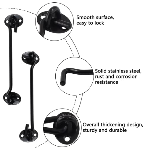 Cjueiom 2pcs Shed Door Hook and Eye Latch Black Latch Hook, 150mm / 6 Inch Door Latch Stainless Steel Cabin Hook - Image 3