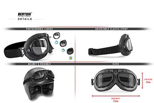 Bertoni Vintage Aviator Motorcycle Goggles Matt Black Anticrash Photochromic Lenses - F195Ph Pilot Over Helmets Glasses #TOP4