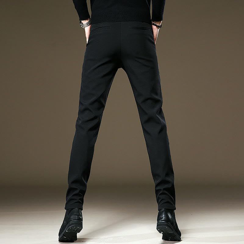 Men's Autumn Winter Korean Style Drape Business Slim Elastic Fleece Lined Black Casual Pants3