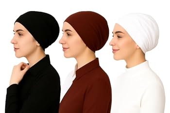 Soft Cotton Under Scarf Caps, Black White Brown, Stretchy Breathable Head Cover, 3 Pack.