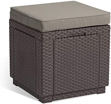 Keter Outdoor Garden Storage Seat Stool with Cushion, Brown with Taupe Cushion