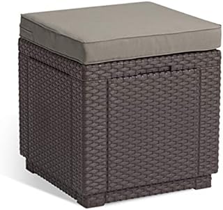 Keter Outdoor Garden Storage Seat Stool with Cushion, Brown with Taupe Cushion