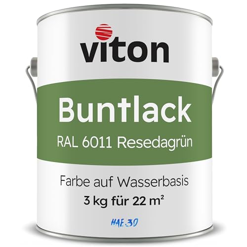 Viton Buntlack 3 Kg Grün - Seidenmatt - Wetterfest für Außen und Innen - 3in1 Grundierung & Lack - HAE 30 - Farbe auf Wasserbasis für Holz, Metall & Fliesen - RAL 6011 Resedagrün