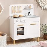HONEY JOY Kids Kitchen Playset, Toddler Pretend Play Kitchen with Light up Stove & Cooking Sounds, Oven, Sink, Faucet, Kitchen Accessories, Wooden Play Kitchen Set, for 3+ Boys & Girls, White