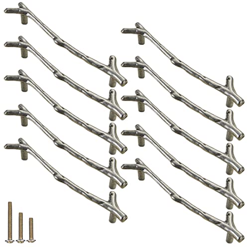 ESreake 10pcs Vintage Tree Twig Branch Cabinet Knobs Pulls Handles,Zinc Alloy Drawer Pull Handles for Farmhouse Cabin Mountain House Kitchen Cupboard (Hole Distance 5" / 10 Pack, Ancient Silver)