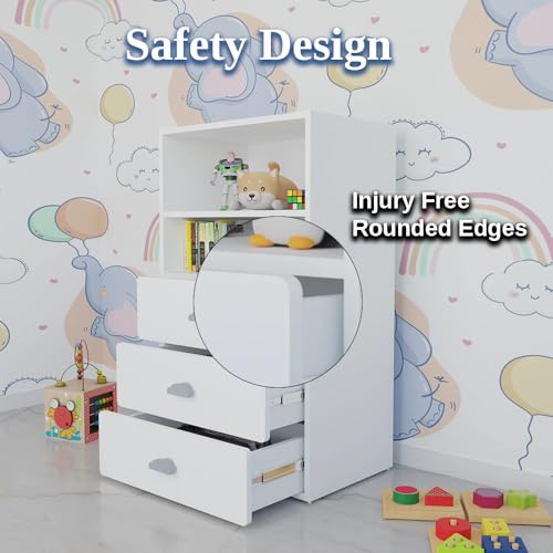 Image of VIKI Kids Wardrobe Almirah - Storage Cabinet with 3 Drawers & Open Shelf for Bedroom, White (40x60x102 cm) | 1 Year Warranty