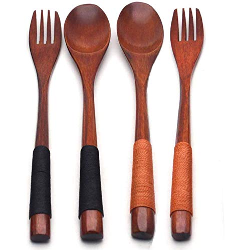 XMHF Wooden Spoons Forks Set Kitchen Tableware Dinnerware Flatware Natural Wood Cutlery Wooden Dinner Utensil Set, 2 Spoons and 2 Forks Brown Black Tied Line