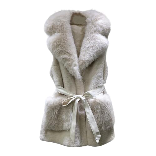 Faux Fur Long Vests for Women Casual Lapel Sleeveless Warm Gilet Fluffy Shearling Coat with Belt and Pockets