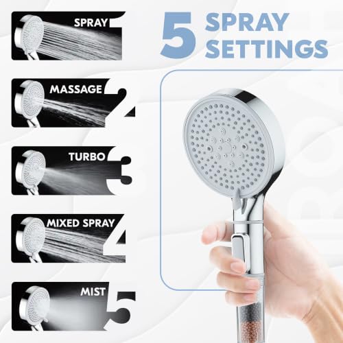 Cabezal de Ducha Manual Filtrado AMROAH, Alta Presión, 1.8 GPM, 5 Modos de Spray, Perlas Minerales Reemplazables, Instalación sin Herramientas, Cromo miniatura 5