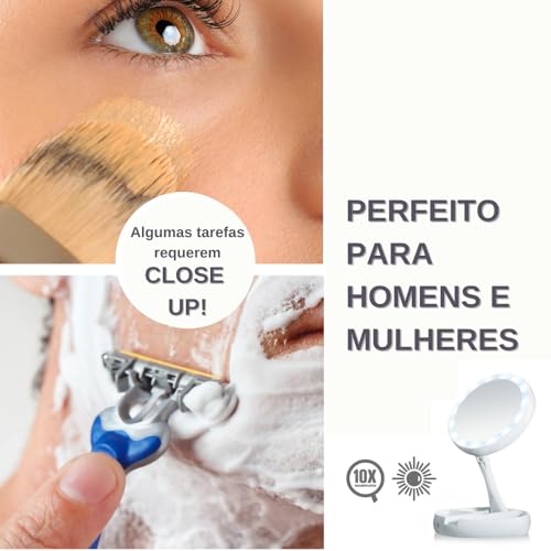 Espelho Facial com LED Duas Faces Aumento 10x Base Organizadora Articulável Dobrável Branco Premium