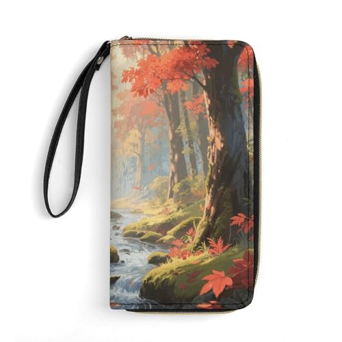 STVNKML Leaf Forest Creek Portefeuille en cuir pour femme avec dragonne et organiseur de cartes Rouge
