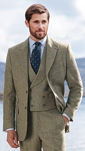 Wangyue Wool Suits For Men Herringbone Tweed Suits Double Breasted Suits Regular Fit Big And Tall Brown Retro Suit Size 50 #TOP1