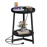 HOMPLE Round Industrial Side Table with Charging Station,2-Tier Round End Table with USB Port & Power Outlet, Nightstand with Metal Frame for Small Spaces, Living Room, Bedroom, Black