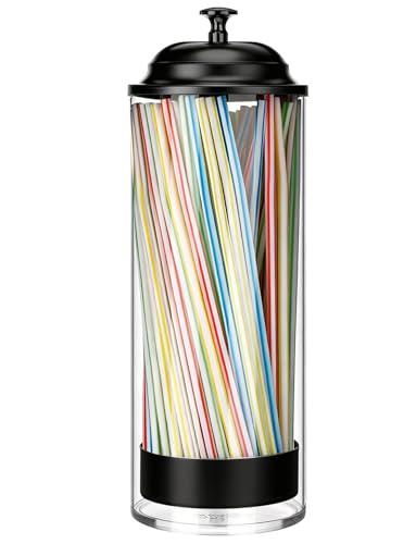 Straw Holder Dispenser Clear Glass Drinking Straw Container with Lid for Counter (M-Black)