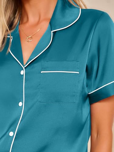Image of LILLUSORY Silk Satin Pajama Set for Women 2 Piece Lounge Pjs Winter Matching Summer Sleepwear Button Down Shirt Shorts
